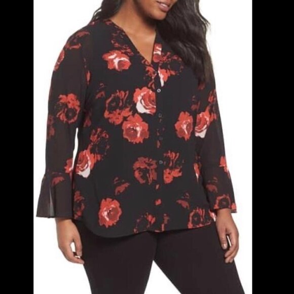 FOXCROFT Ali Painterly Rose Chiffon floral Blouse bell sleeve v-neck flowy boho - Picture 2 of 12